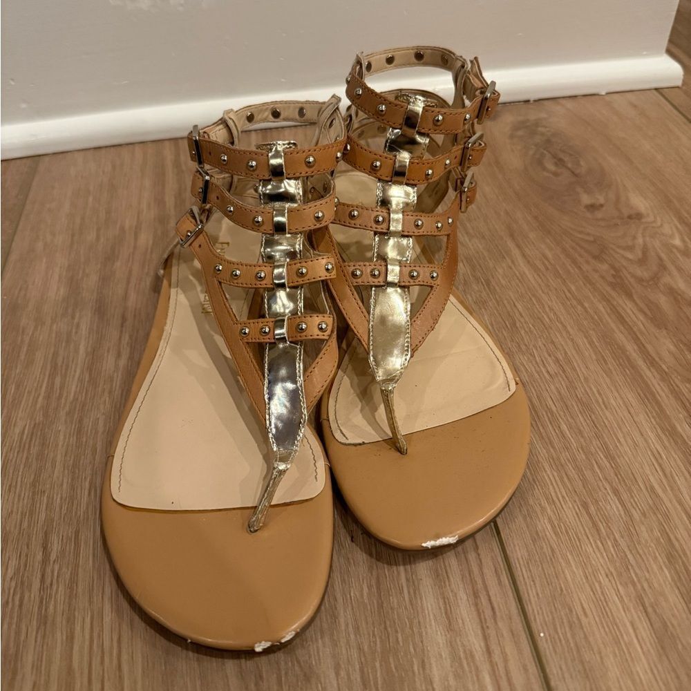 Enzo Angiolini Studded Gold and Tan Gladiator Sandals